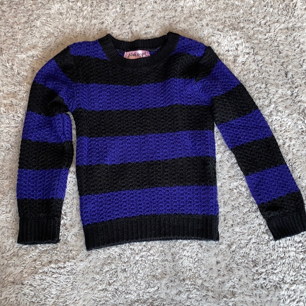 Pink angel, black and blue striped knit sweater